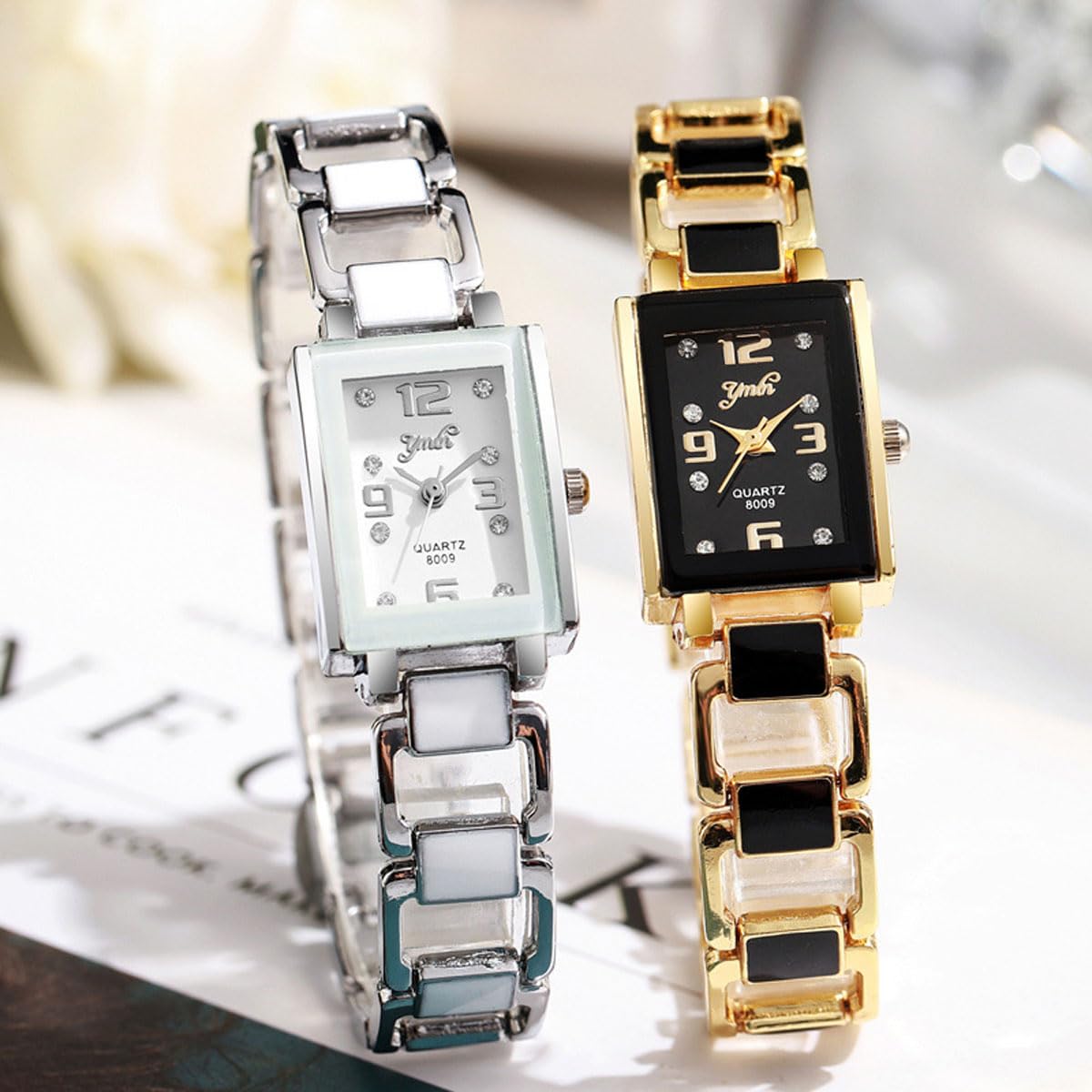 dayutech 4 Pack Women's Rectangular Watches Vintage Dress Analog Quartz Ladies Ceramic Bangle Bracelet White Rose Gold S