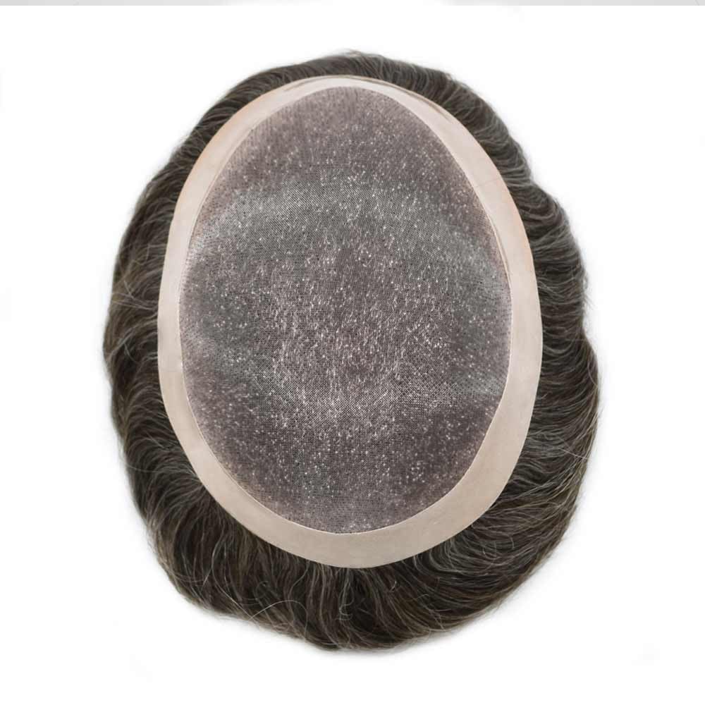 Curve Hair Mens Toupee Human Hair Piece Replacement System Monofilament Wig Hair Unit for Men Durable Poly Coated Mens Hairpiece (#330 Dark Brown+30% Gray, 7"X10")