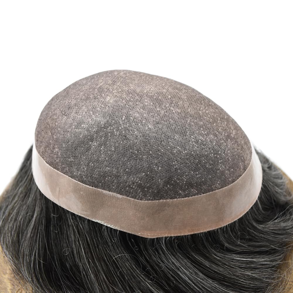 Curve Hair men's toupee wig with human hair, monofilament base, off black with gray, 8x10 inches, durable poly coating.