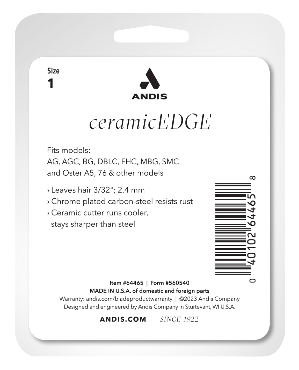 Andis CeramicEdge Size 1 hair trimmer detachable blade with carbon steel for precise grooming and hair trimming.