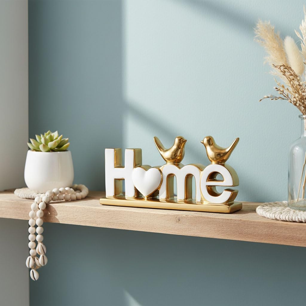 GAOSHENG Ceramic Home Letter Sign with Bird Statues,Modern Black Gold Tabletop Decor for Entryway,TV Stand & Floating Sh