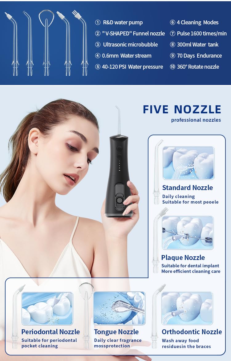 Portable Water Flosser 300 Ml IPX7 Featuring 5 Nozzle Heads - DASSIECL Official Imagery - 3