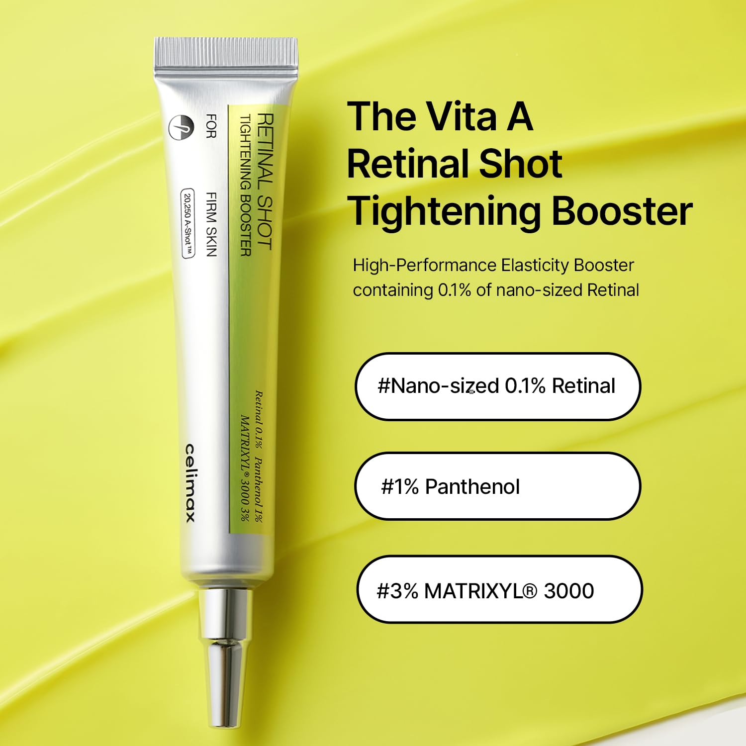Celimax The Vita A Retinal Shot skin serum with 0.1% retinal, 3% Matryxyl, anti-aging, pore minimizer, and firmer skin.