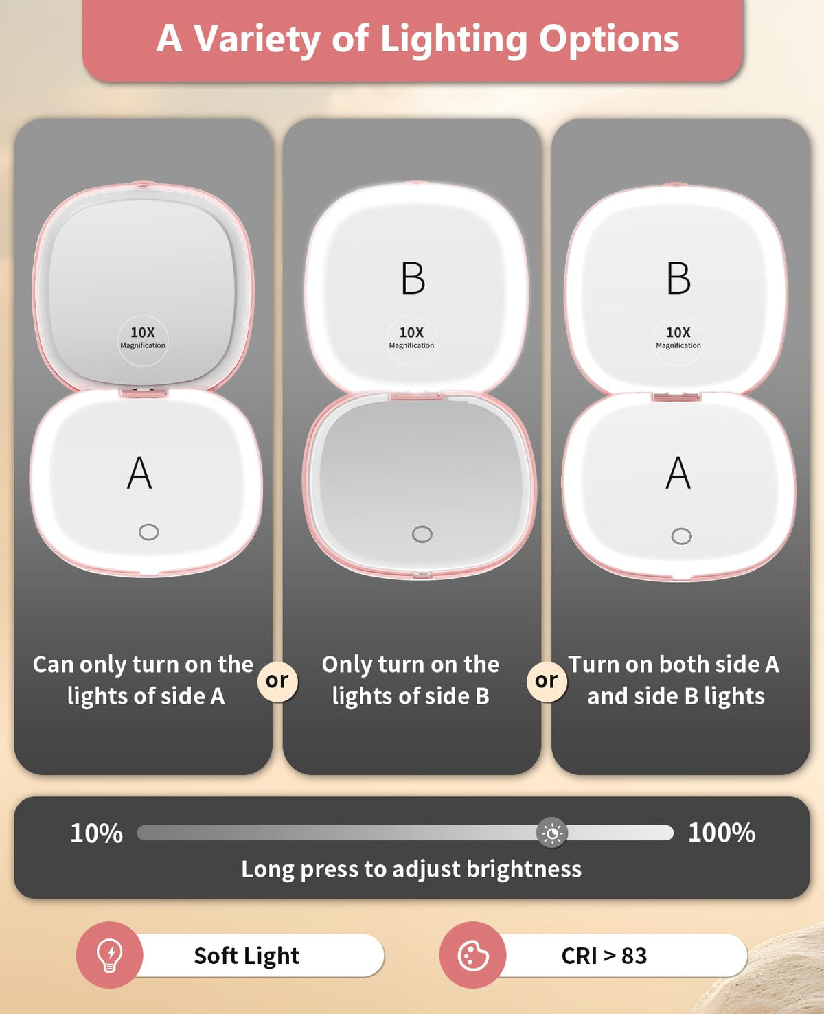 WOBSION 1x/10x Rechargeable Lighted Travel Makeup Mirror – close-up detail