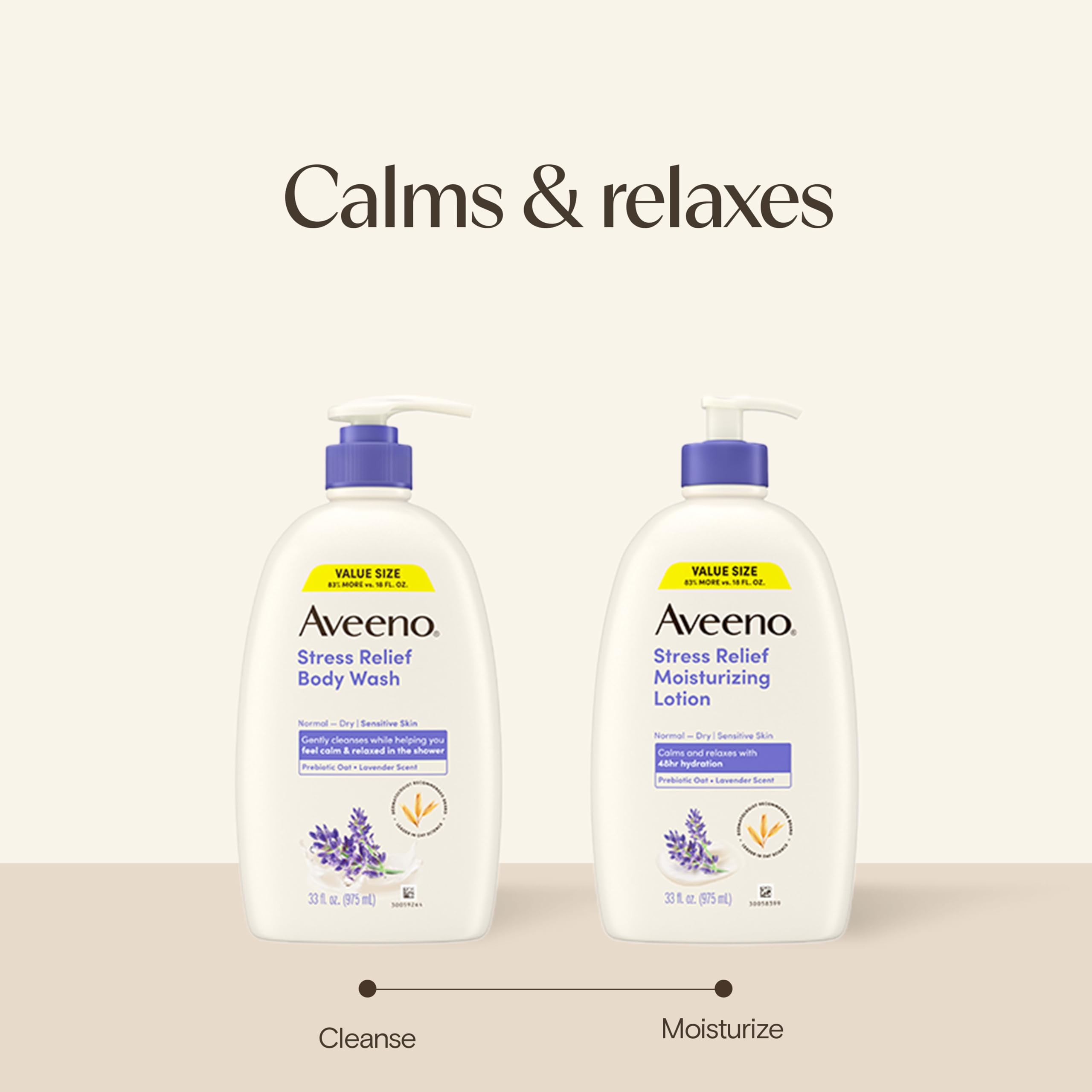 Aveeno Stress Relief Body Wash with lavender scent, nourishing prebiotic oat, for sensitive skin, in a 33 oz bottle.