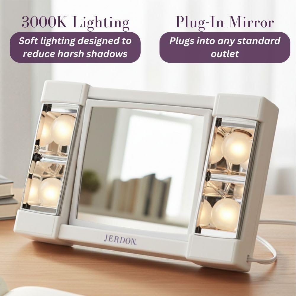 JERDON Lighted Makeup Mirror with 3X Magnification - White - J1010 – close-up detail in White
