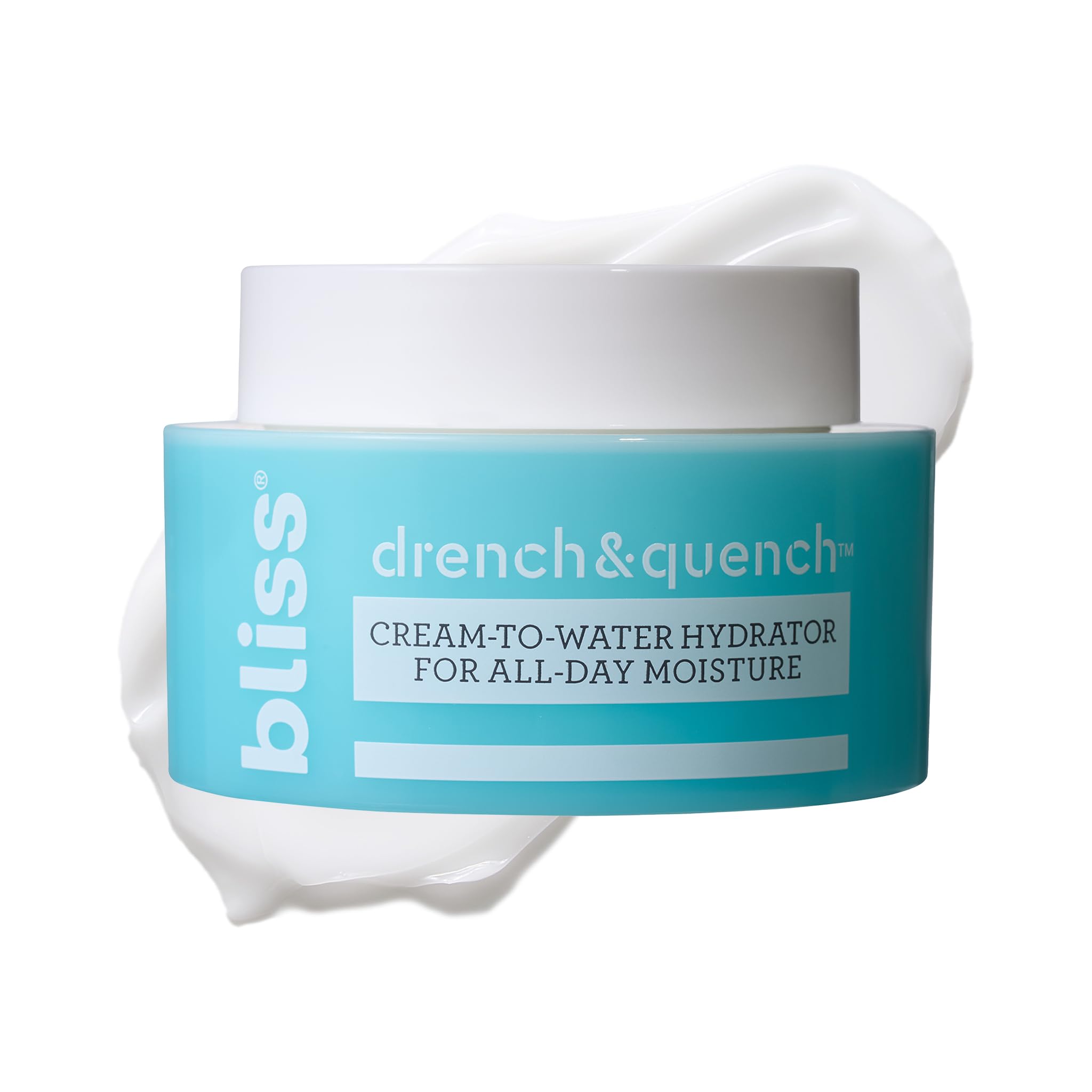 Bliss Drench & Quench hyaluronic acid face moisturizer in 1 oz jar, showing the skincare product with a clean, minimal design.
