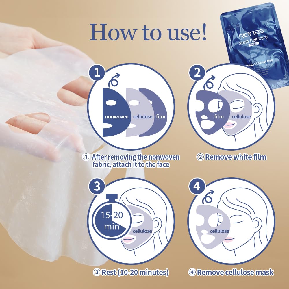 Ronas Stem Cell Coconut Gel Mask 5 pack. Anti Aging, Moisturizing, Rejuvenating. Sunburn Treatment. Korean Cosmetics. – 