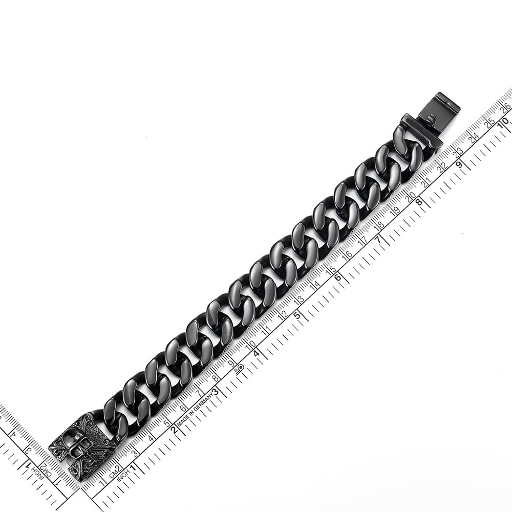 COOLSTEELANDBEYOND Mens Large Vintage Brushed Finishing Steel Curb Chain Bracelet with Fleur De Lis and Skull – back vie