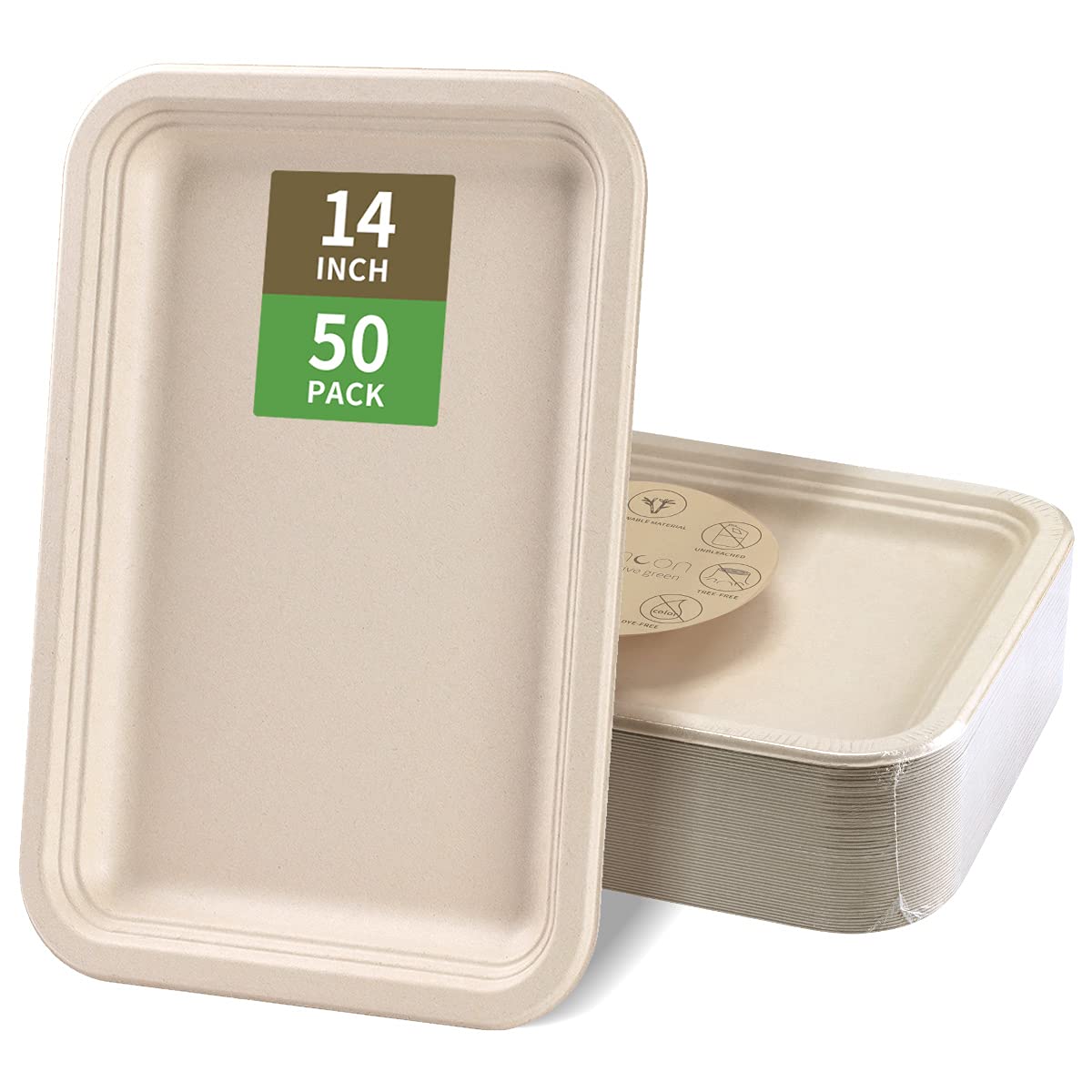bloomoon 14 Inch Disposable Food Trays for Party 50 Pack Large Paper Plates – Beige, Sugarcane bagasse Bagasse tray plas