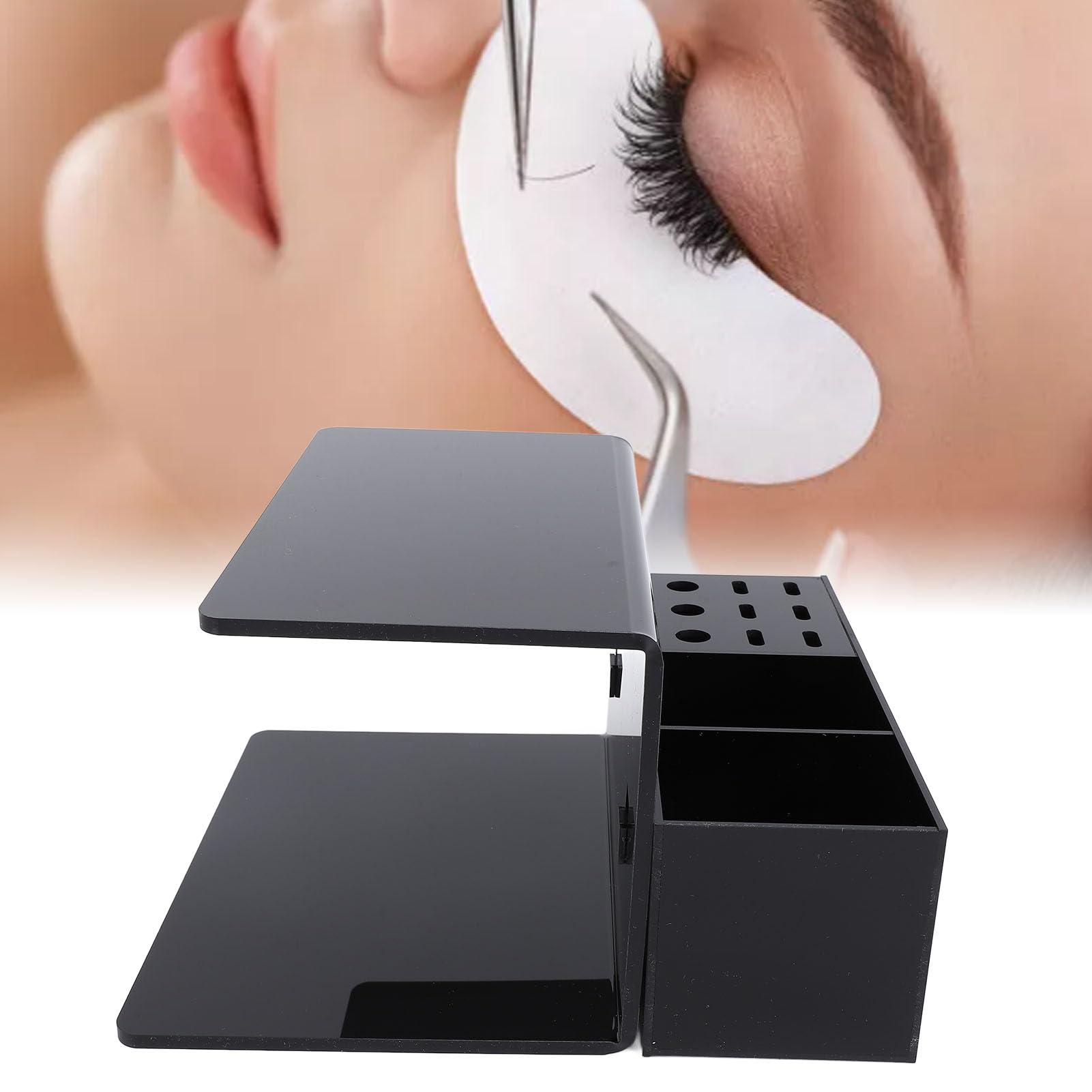 CCYLEZ Professional Eyelash Extension Organizer, Adjustable Height Acrylic Eyelash Pillow Stand with Storage Compartments for Salon Lash Artists Black 19.8x7.5x7.3cm