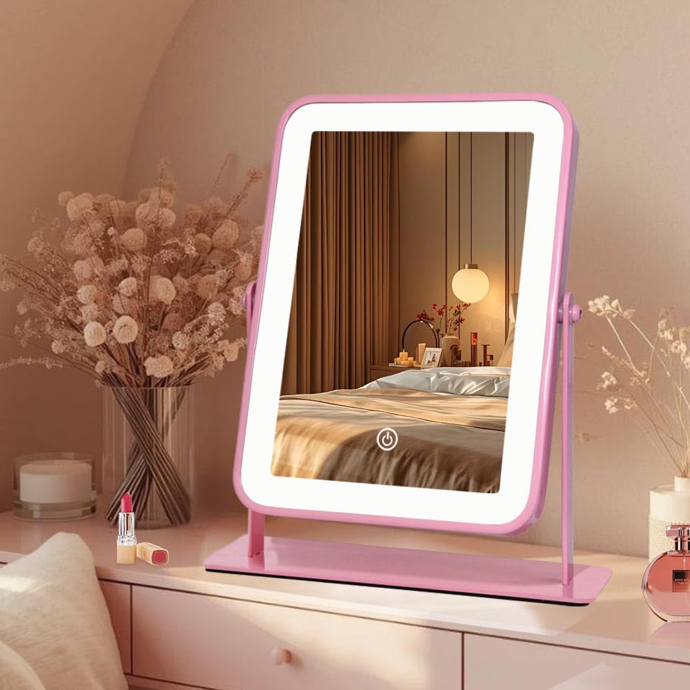 LAKFUES Pink LED Makeup Mirror with Lights – Rechargeable Wireless Vanity Mirror for Desk – Adjustable Brightness, 3 Col