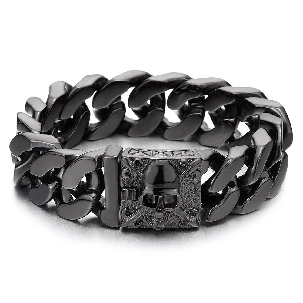 COOLSTEELANDBEYOND Mens Large Vintage Brushed Finishing Steel Curb Chain Bracelet with Fleur De Lis and Skull – A-Metal 