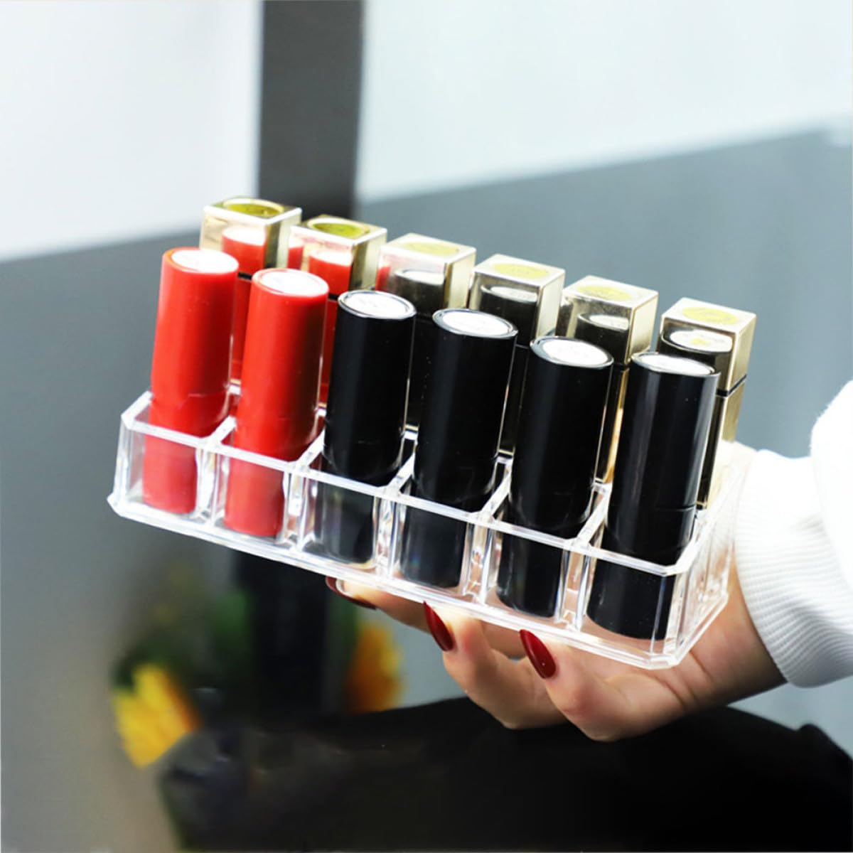 Sewroro 2-piece lipstick organizer and lip gloss holder with 12-slot double-layer design for vanity and makeup storage.