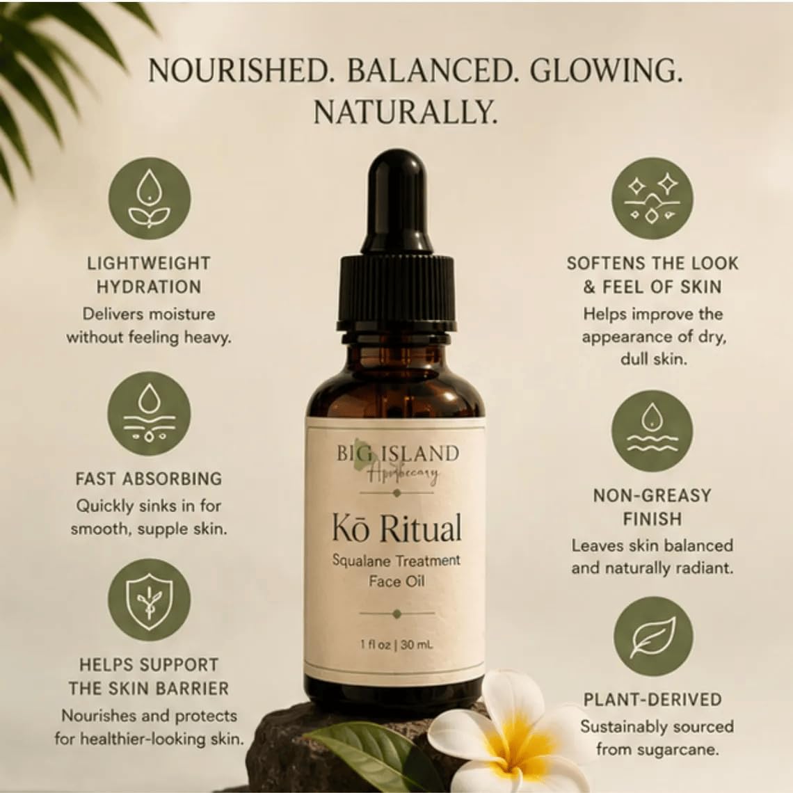 Big Island Apothecary Kō Ritual Sugarcane Squalane Face Oil, 1 oz – back view and specifications