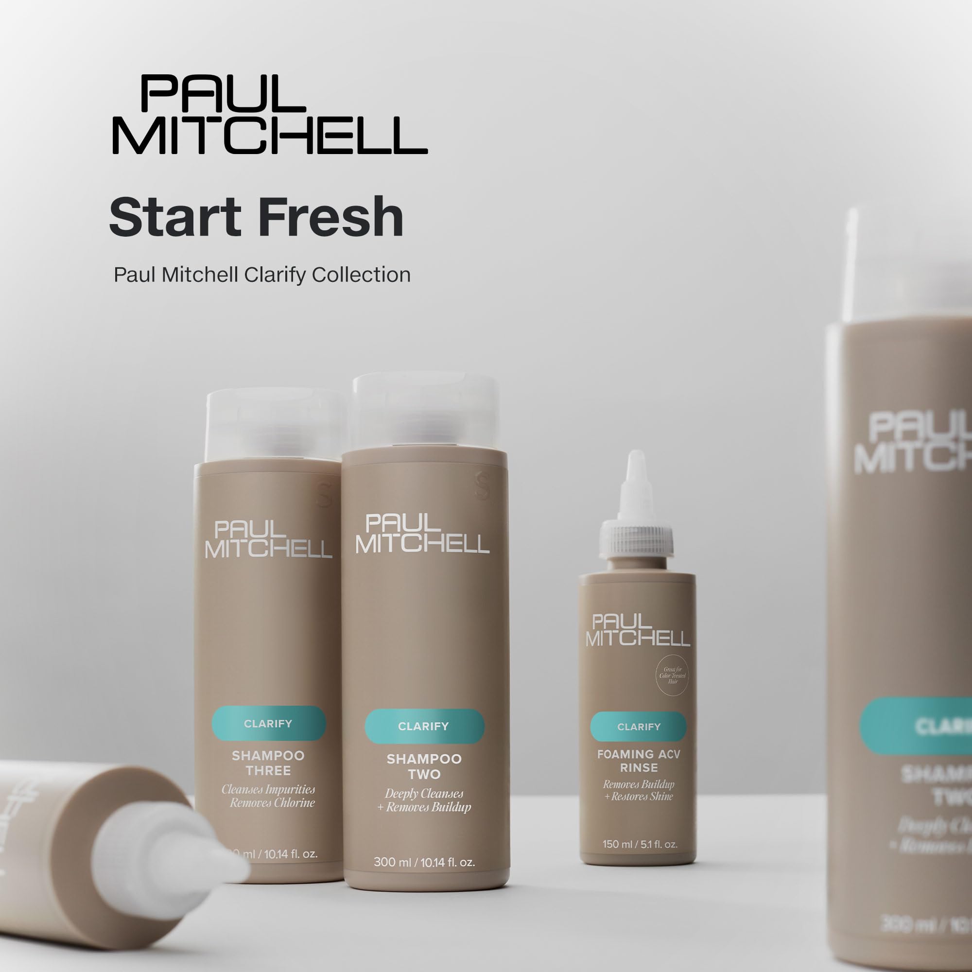 Paul Mitchell Foaming ACV Rinse shampoo for all hair types, showing the 5.1 fl oz bottle with foaming pump and label.