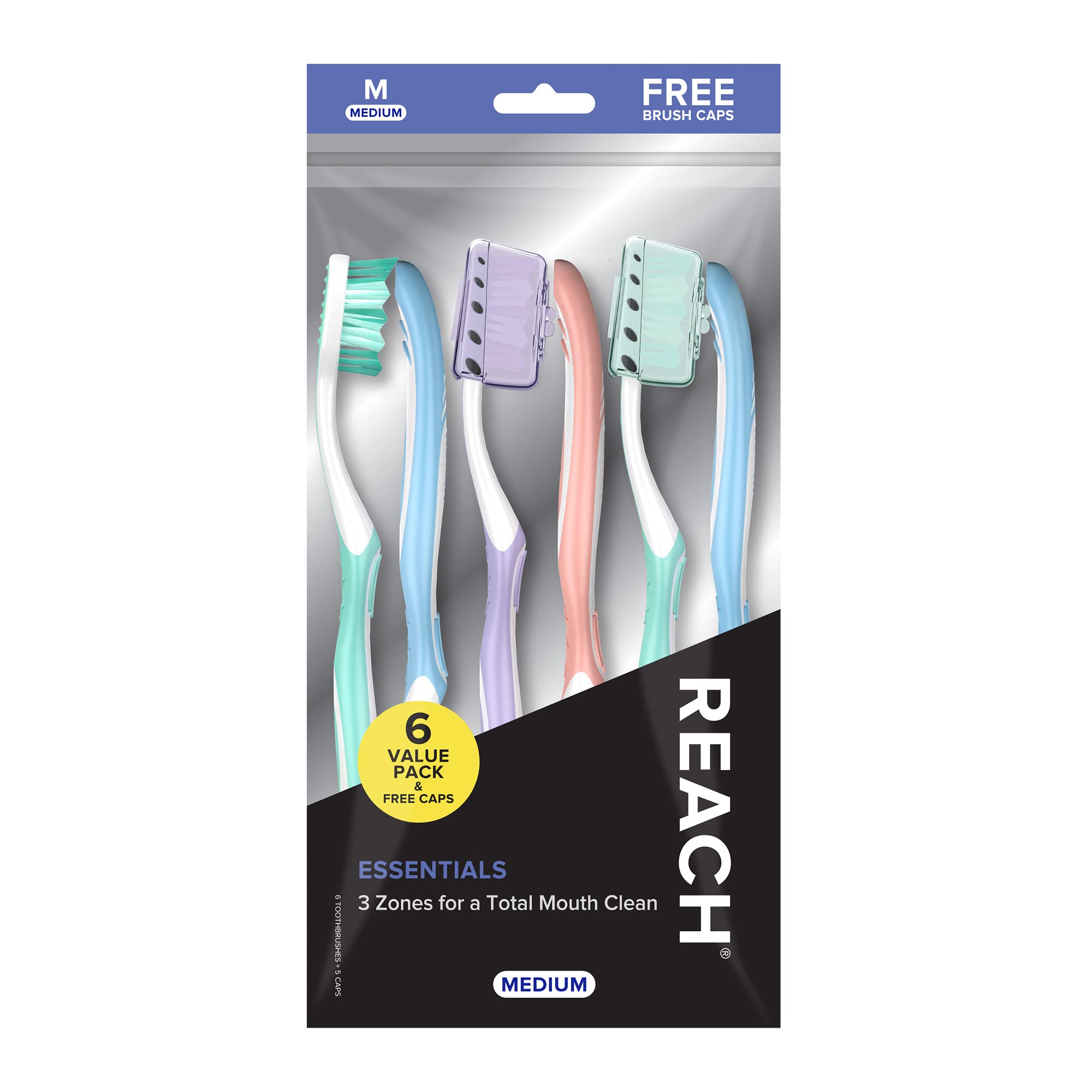 Reach Essentials Medium Toothbrushes with Toothbrush Caps, 6 - Product Imagery