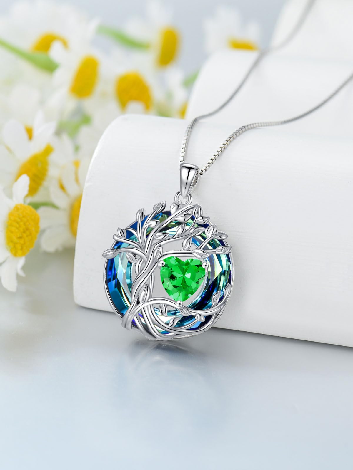 TOUPOP Tree of Life Birthstone Necklace Sterling Silver Pendant Birthstone Necklaces with Blue Crystal Anniversary Birth