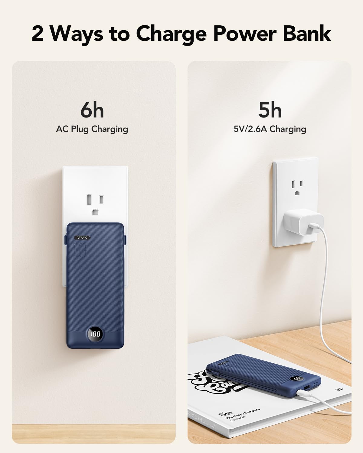 VRURC Portable Charger Built-in Cables and AC Wall Plug, USB C Power Bank 10000mAh, Travel Battery Portable Phone Charge