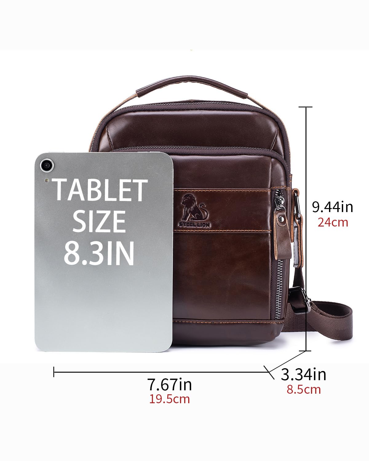 STEELLION Men's Cowhide Leather Crossbody Shoulder Bag, Top Handle – close-up detail