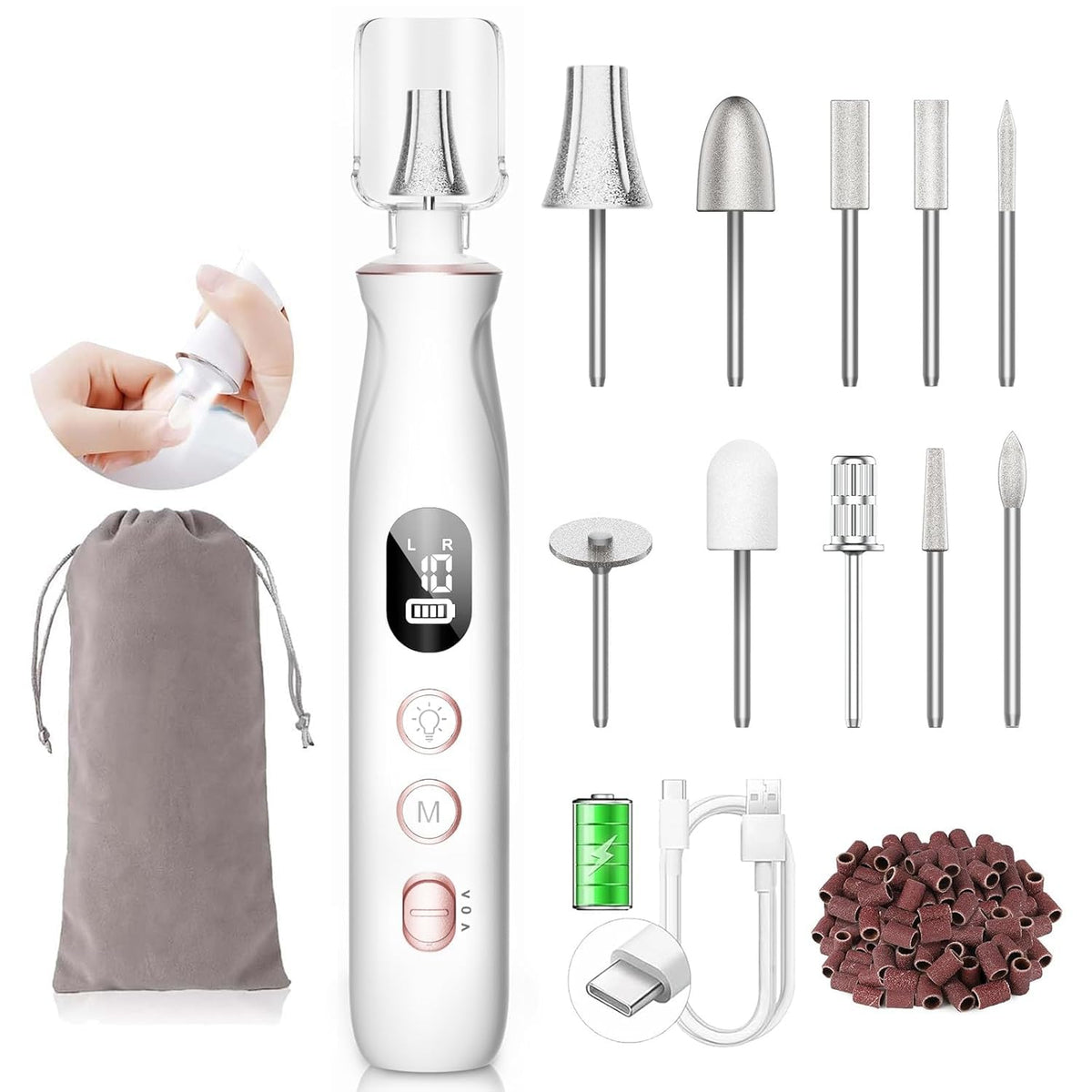 HSKAI Electric Nail File Drill, Cordless Toe Nail Grinder for Thick Toenails & Callus, 10-Speed 2000mAh Rechargeable Nai