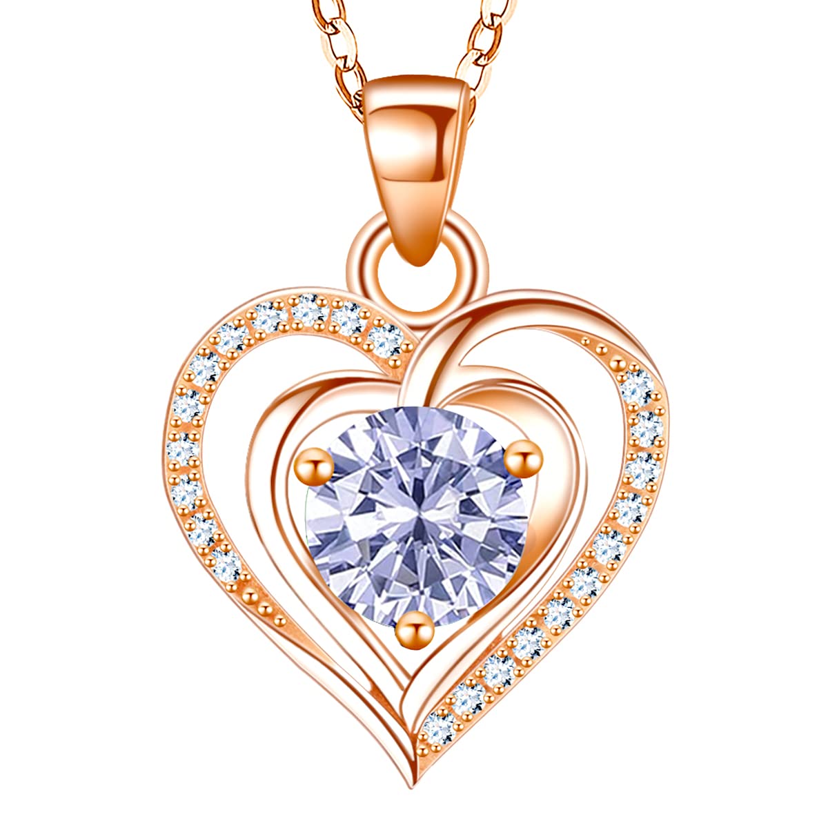 RIVIKO Heart Birthstone Pendant Necklace for Women 925 Sterling Silver Zirconia Necklaces Valentine's Day Anniversary Bi