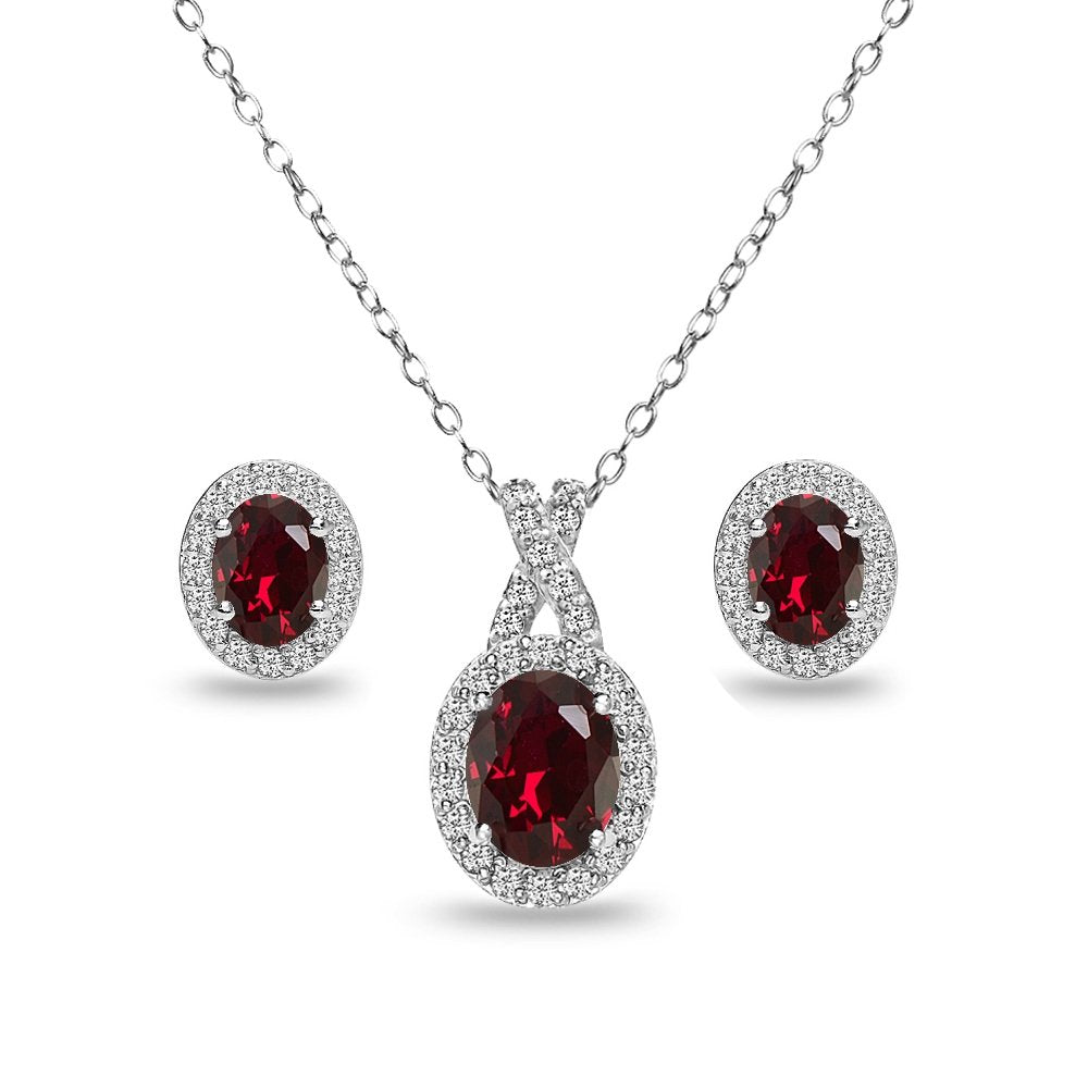 B. BRILLIANT Sterling Silver Genuine, Created or Simulated Gemstone Oval Halo X Necklace & Earrings Jewelry Set for Wome