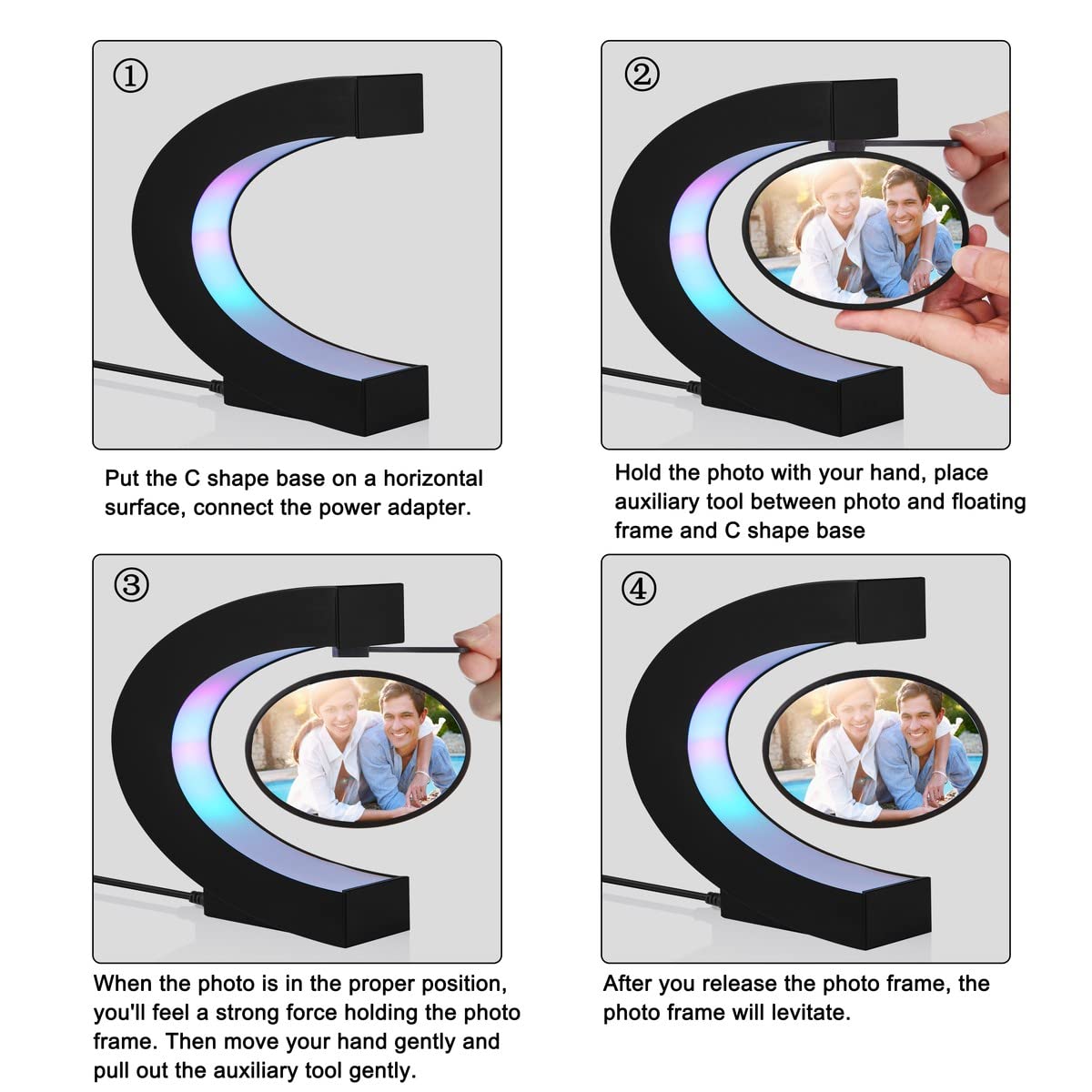 UVEHAS Levitating Photo Frame with LED Colorful Lights Magnetic Levitation Floating Rotating Picture Frame Display Stand