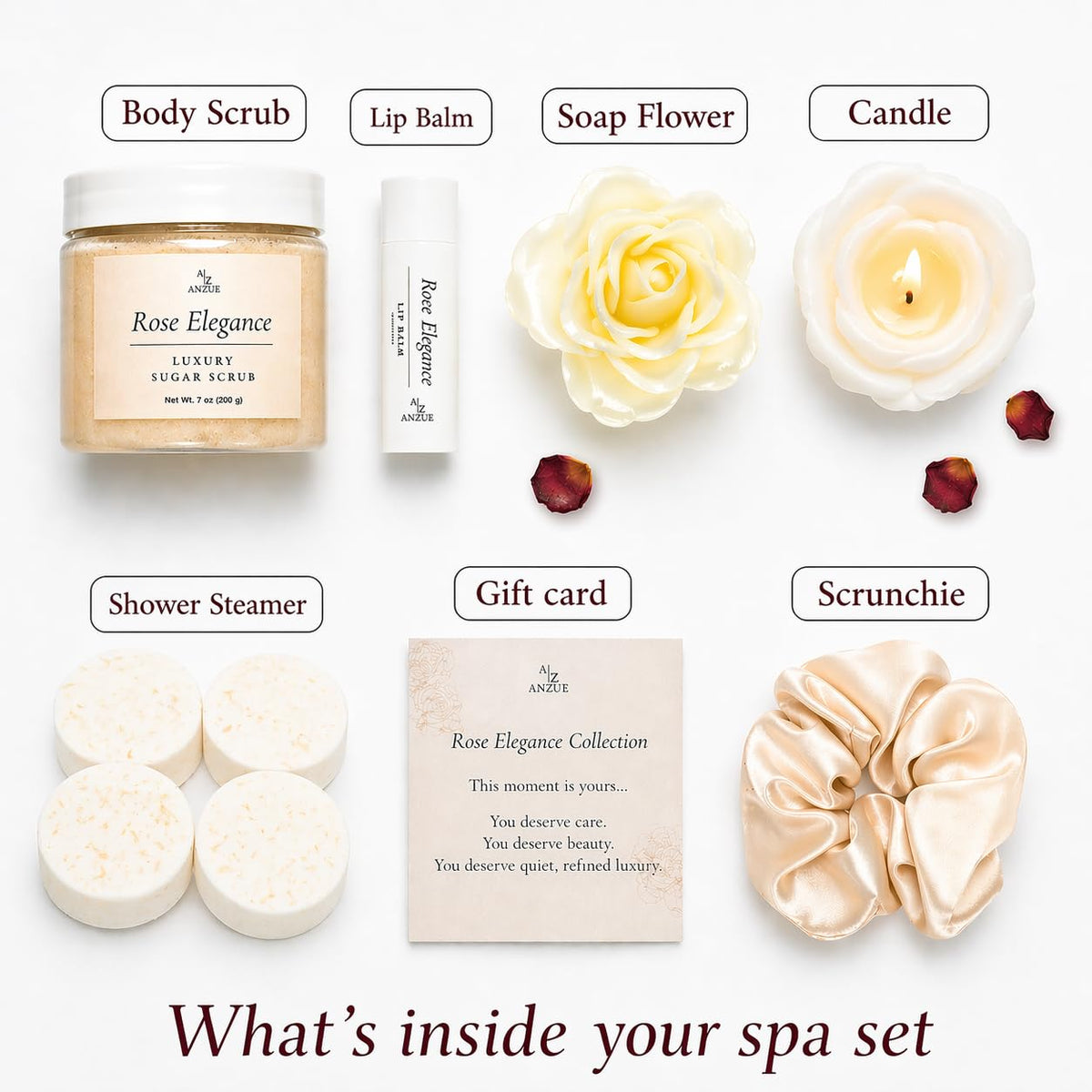 ANZUE Rose Spa Gift Set for Women – Shower Spa Gifts, Self Care Gift Basket, Candle, Body Scrub, Shower Steamers, Lip Ba