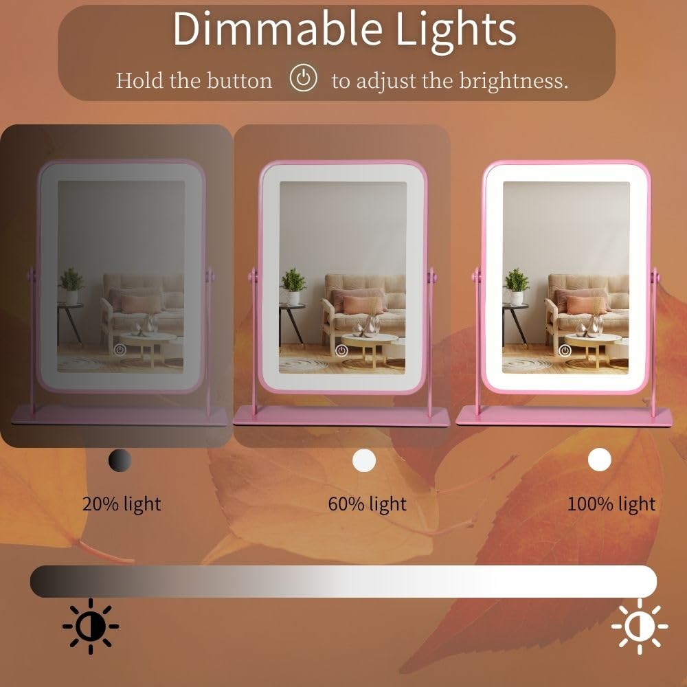LAKFUES Pink LED Makeup Mirror with Lights – Rechargeable Wireless Vanity Mirror for Desk – Adjustable Brightness, 3 Col