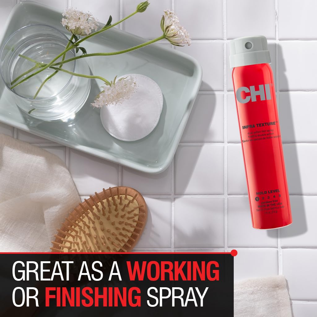 CHI Infra Texture Dual Hair Spray for shine and movement, 2.6oz, styled with tousled hair and a natural, glossy finish.