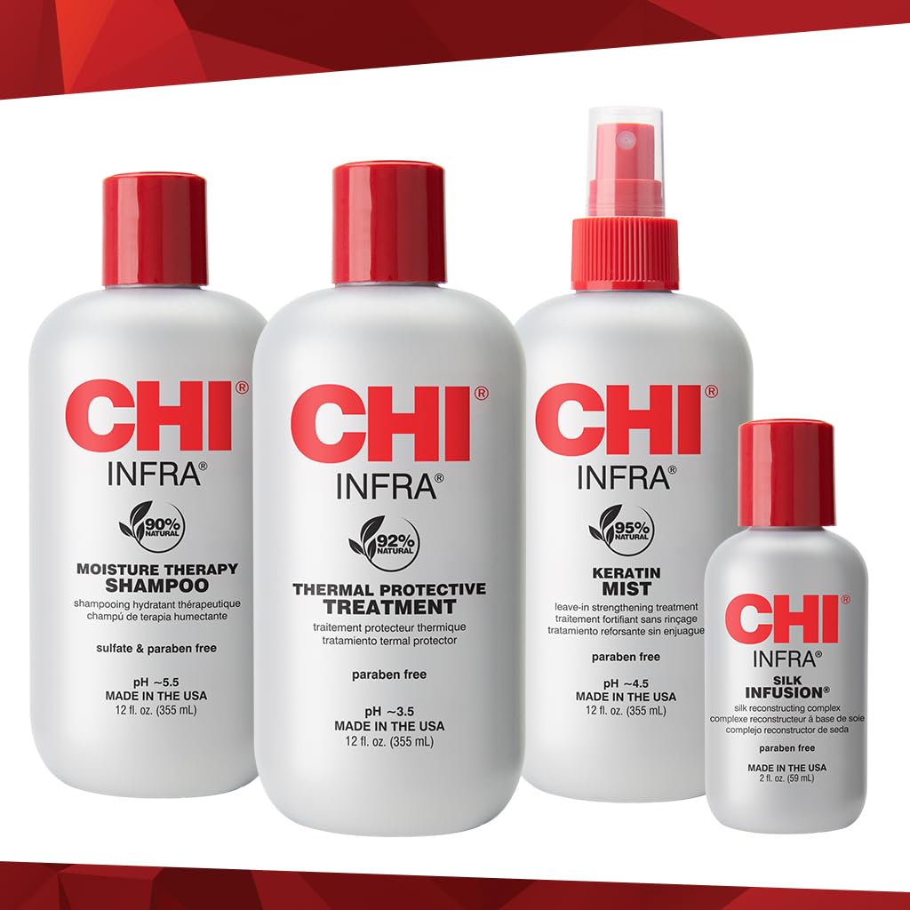 CHI Home Stylist Kit with Infra 4-piece hair care set, featuring hair cleaner and conditioner for healthy, shiny hair.