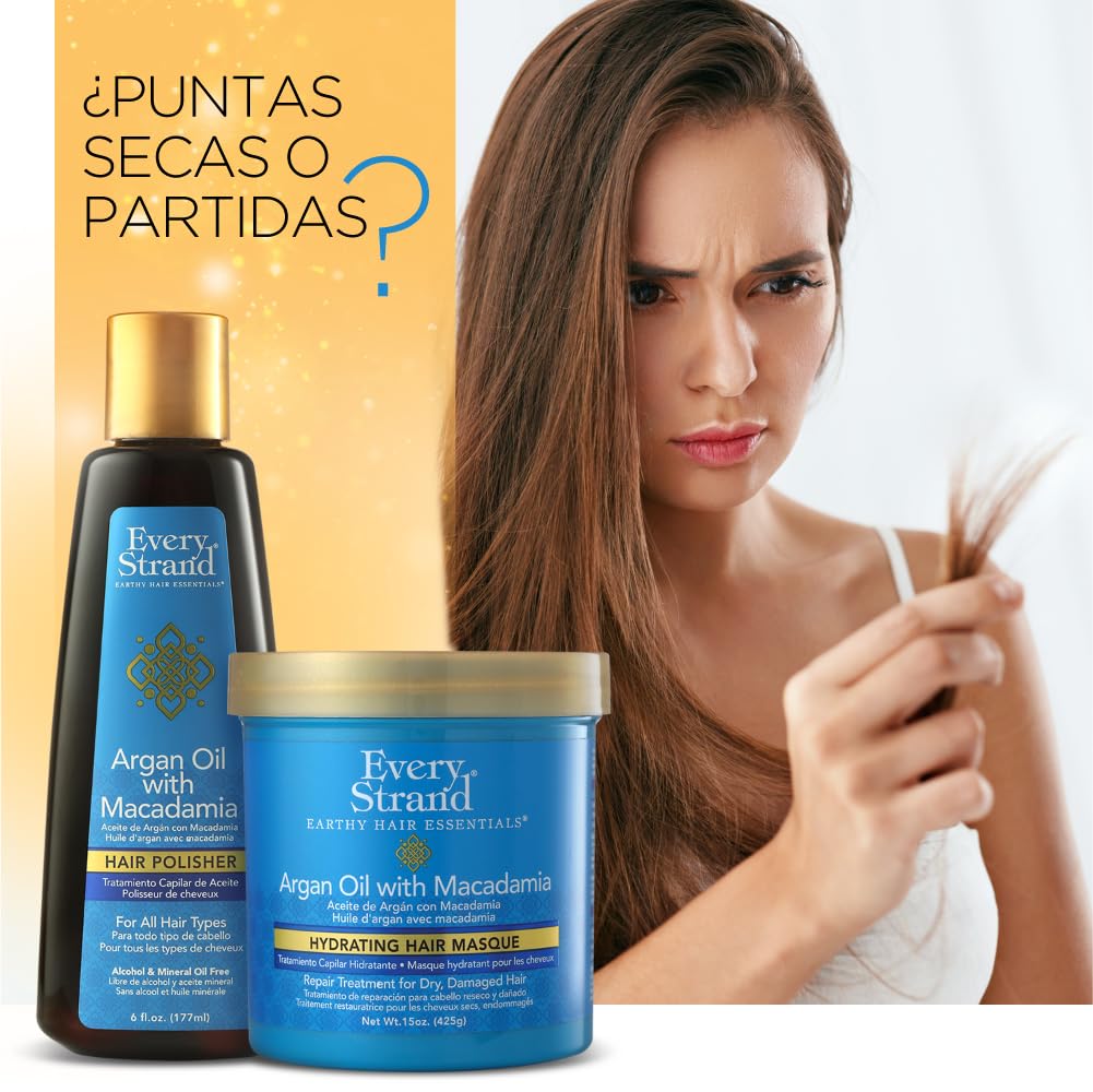 Every Strand Argan Oil with Macadamia Hydrating Hair Masque in a 15 oz jar, shown with creamy, nourishing hair treatment.