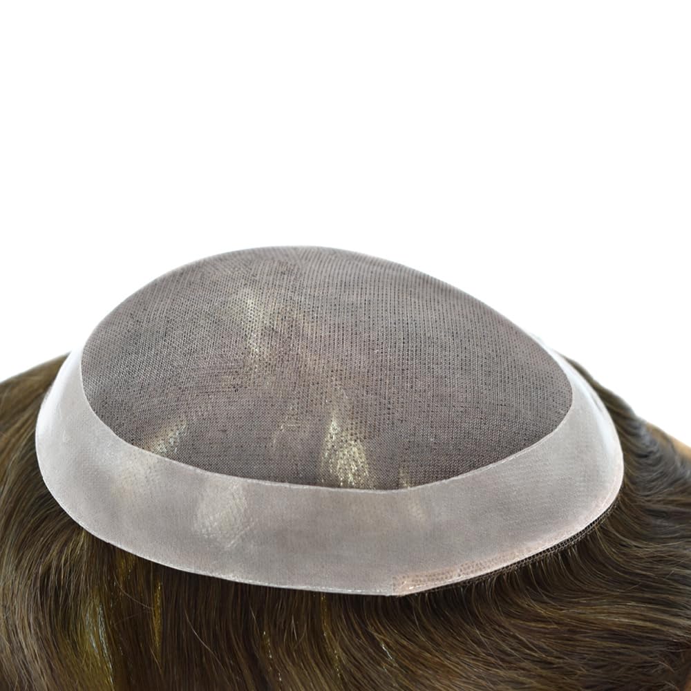Curve Hair Mens Toupee Human Hair Piece Replacement System Monofilament Wig Hair Unit for Men Durable Poly Coated Mens Hairpiece (#7 Very Light Brown, 7"X9")