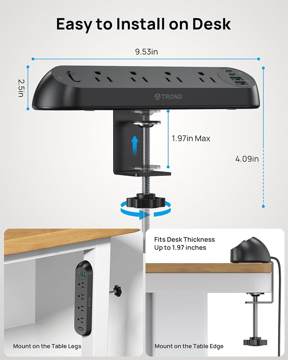 TROND Desk Clamp Power Strip USB C PD 20W, Flat Plug 6ft, 1700J, ETL Listed – product photo (Power Strips)