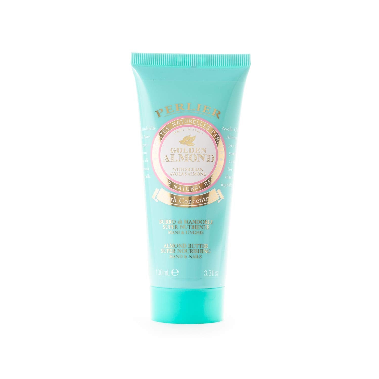 Perlier Golden Almond Hand and Nail Butter in 3.3 oz jar, rich moisturizer for dry skin, with golden almond ingredients.