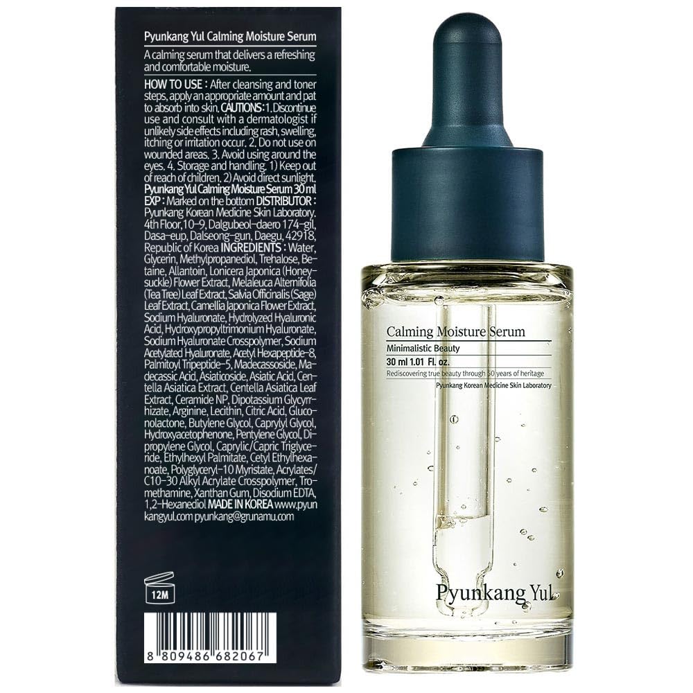 Pyunkang Yul calming moisture serum in a 61g bottle with centella asiatica, tea tree, hyaluronic acids, and ceramide for soothing skin.