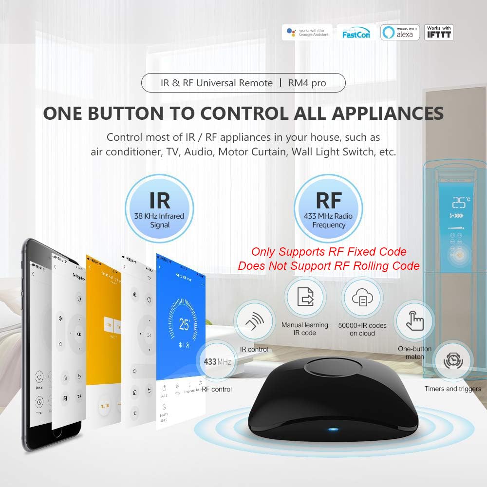 BroadLink RM4 pro IR and RF Universal Remote, All in One Hub Code Learning Wi-Fi Remote Control for TV Air Conditioner S