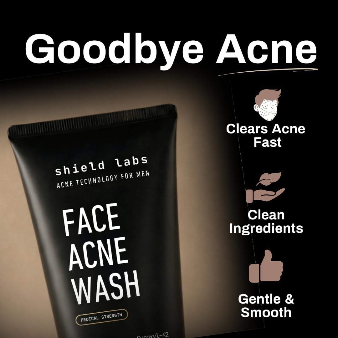 Shield Face Acne Wash for Men and Boys, Curoxyl-42 Face Wash to Clear, Treat, and Prevent Acne, Gentle formula with Niac