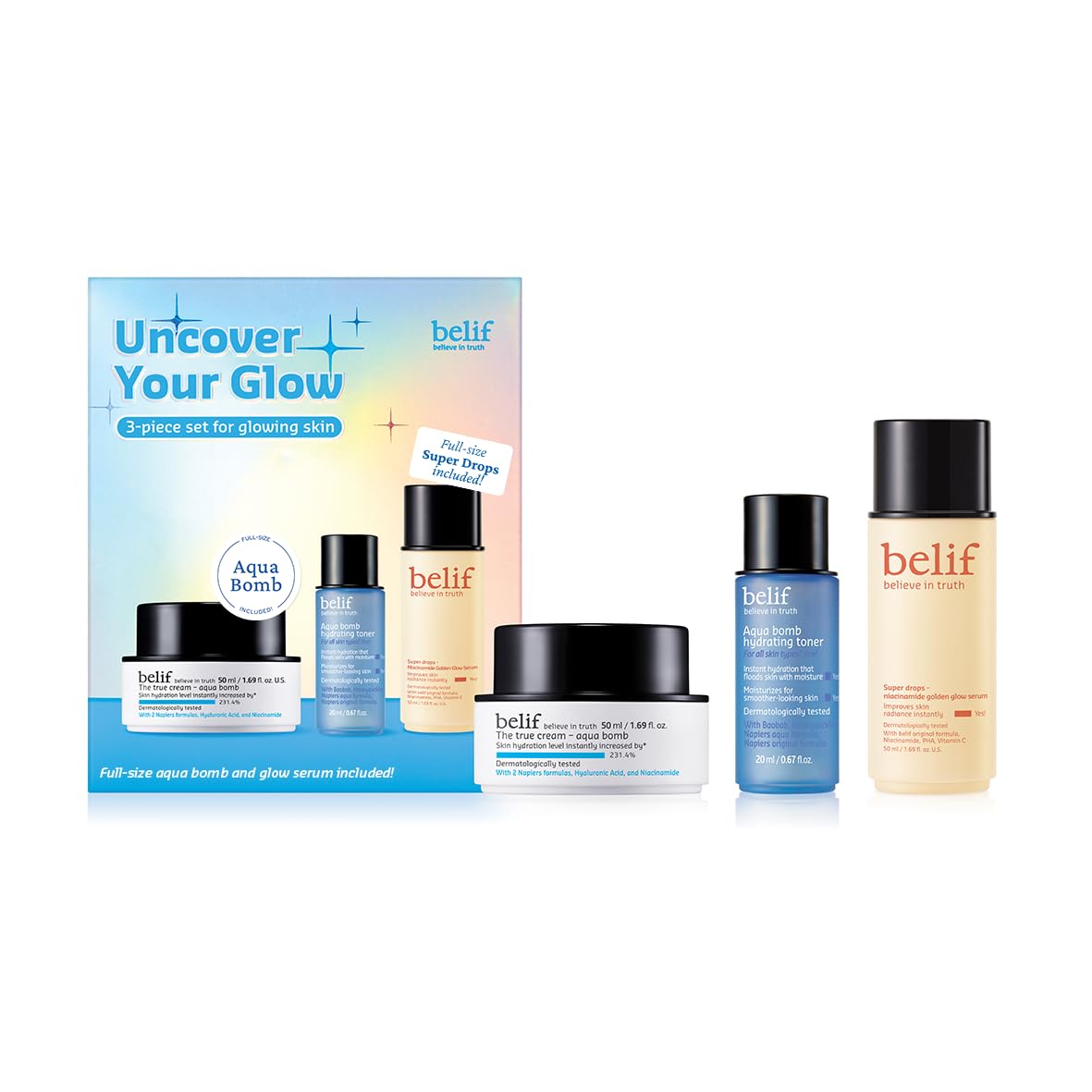 belif Uncover Your Glow Set - Aqua Bomb Toner and Moisturizer, Glow Serum – product photo (Facial Kits)