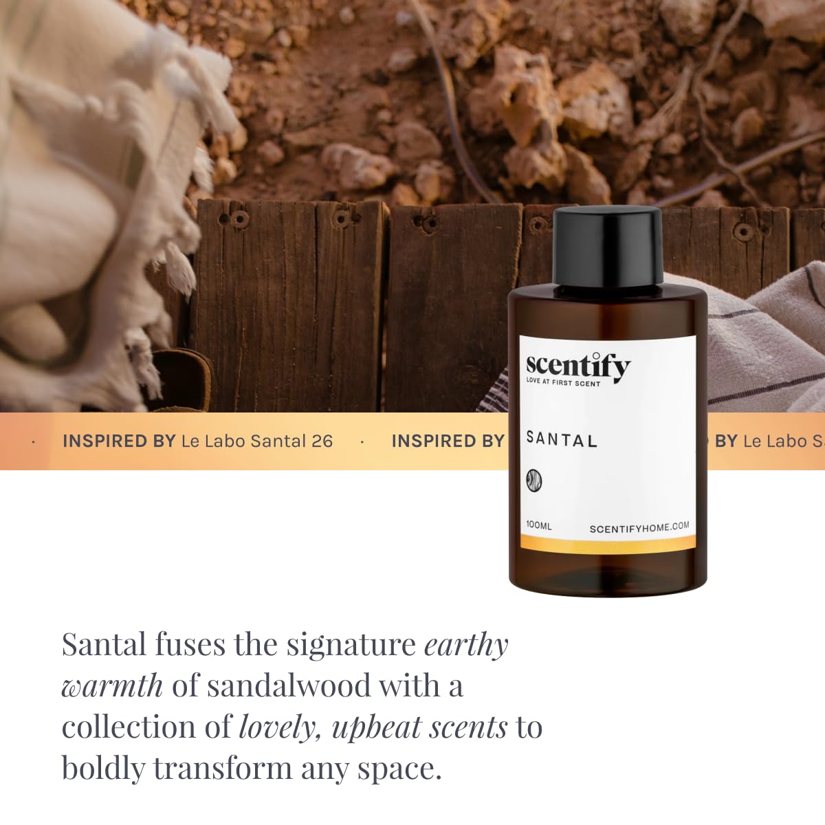 Scentify Santal Aroma Oil refill bottle with 100ml of iris sandalwood essential oil, featuring a clear container and label.