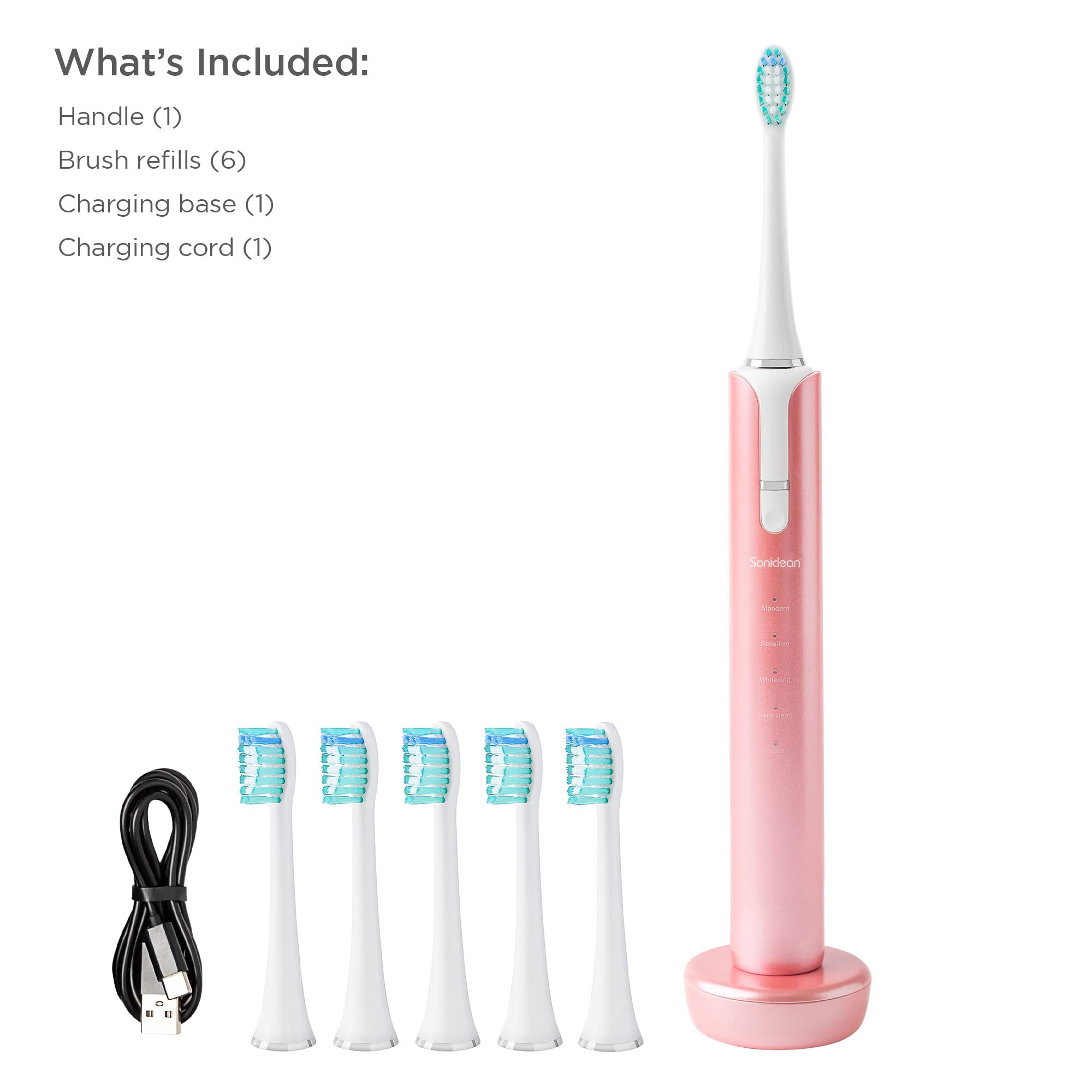Soniclean Lux Sonic Toothbrush for Adults in rose gold with 6 replacement heads, rechargeable and automatic cleaning feature.