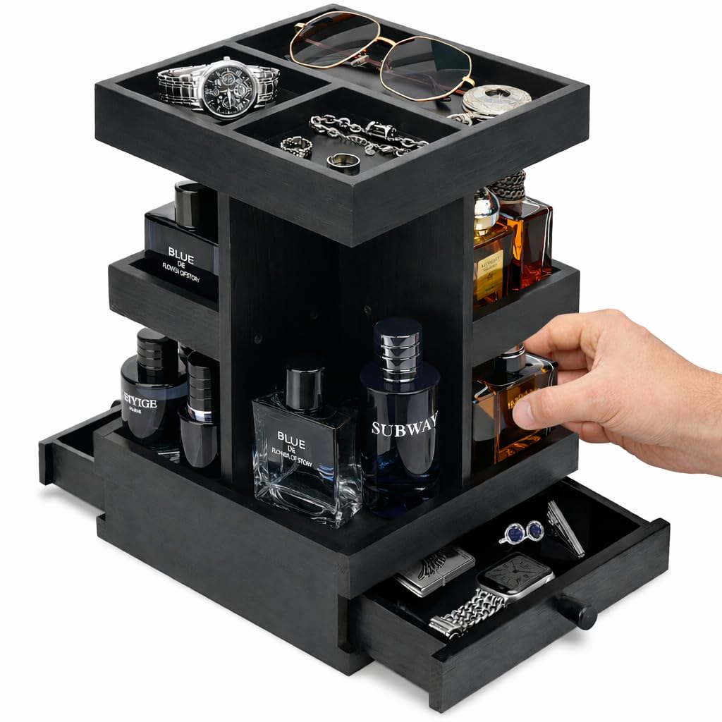 VYNOPA Rotating Cologne Organizer for Men – Black Wooden Perfume Stand with Dual Drawers, Multi-Tier Fragrance Display &