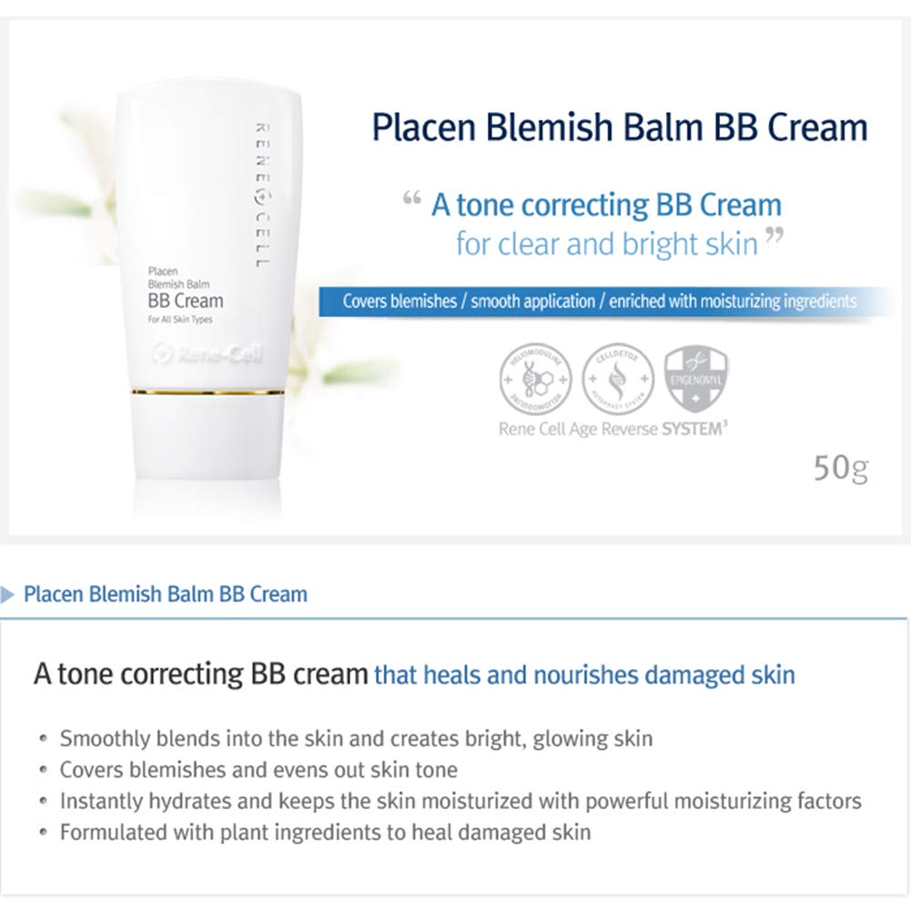 RENECELL [Rene Cell Placen Blemish Balm BB Cream, Glossy Face Makeup (50g / 1.8oz) – packaging and label