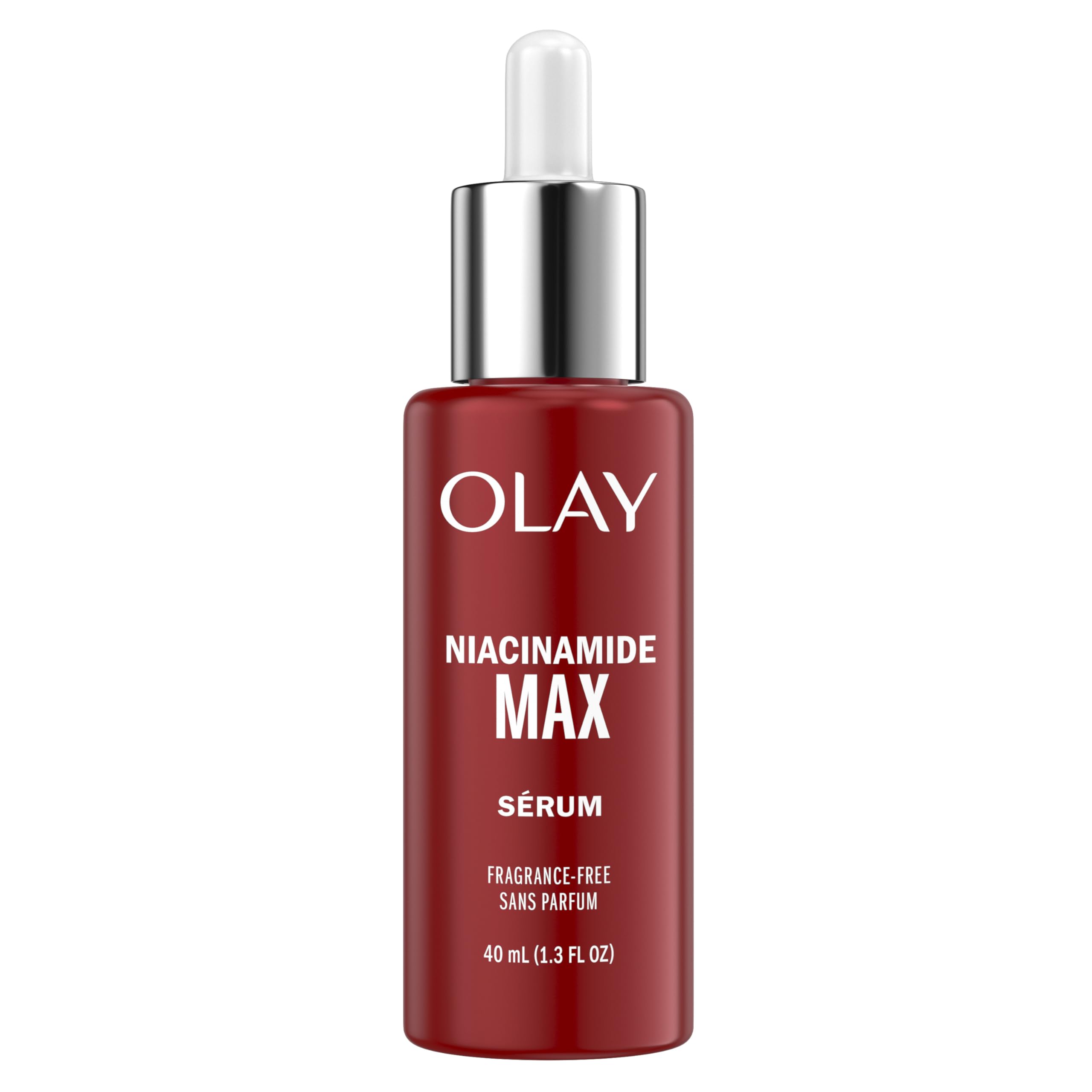 Olay Niacinamide MAX Wrinkle Reducing Serum for women in a 1.3oz bottle, featuring peptides and anti-aging ingredients, fragrance-free.