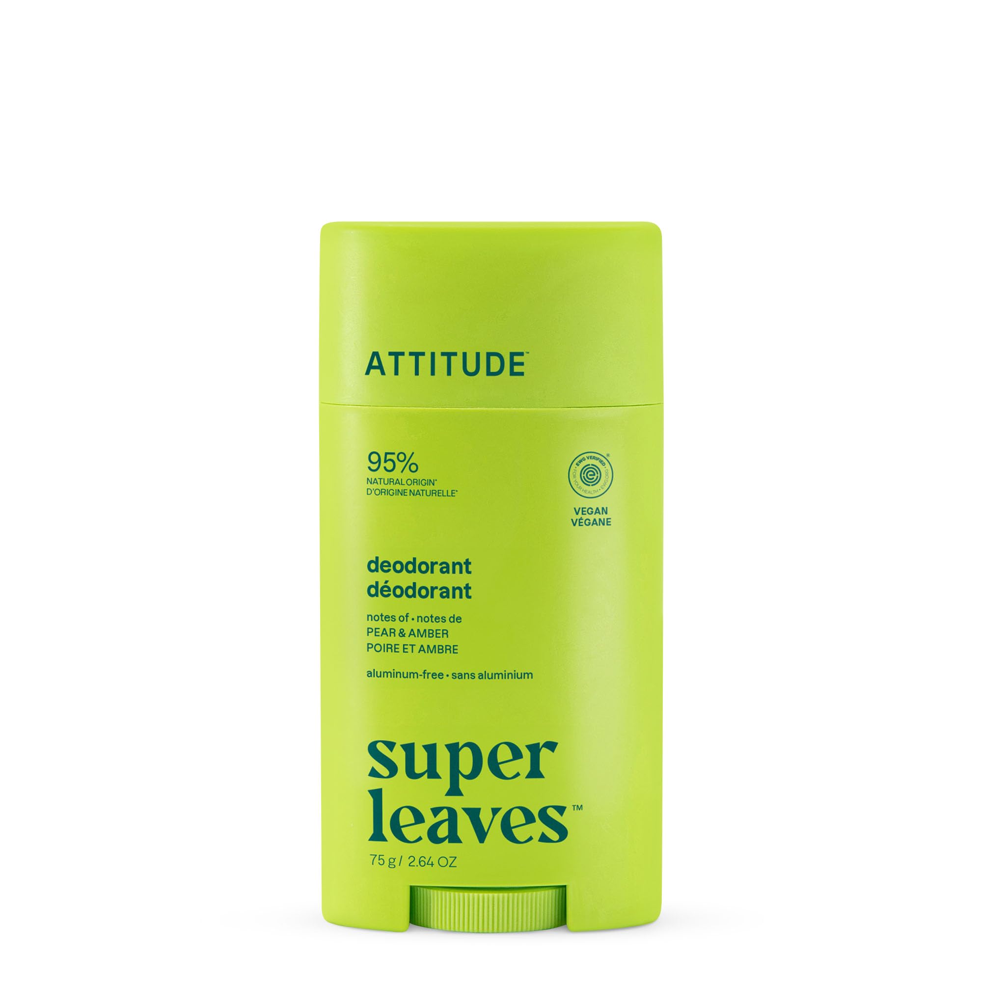 ATTITUDE aluminum-free pear and amber body deodorant in 2.64 oz stick, natural scent and fragrance-free for fresh, odor-free skin.