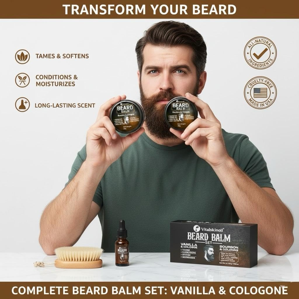 VITALSKINOIL Beard Balm Set for Men, Sandalwood & Cologne Scented, 2-Pack Set Pair – back view and specifications