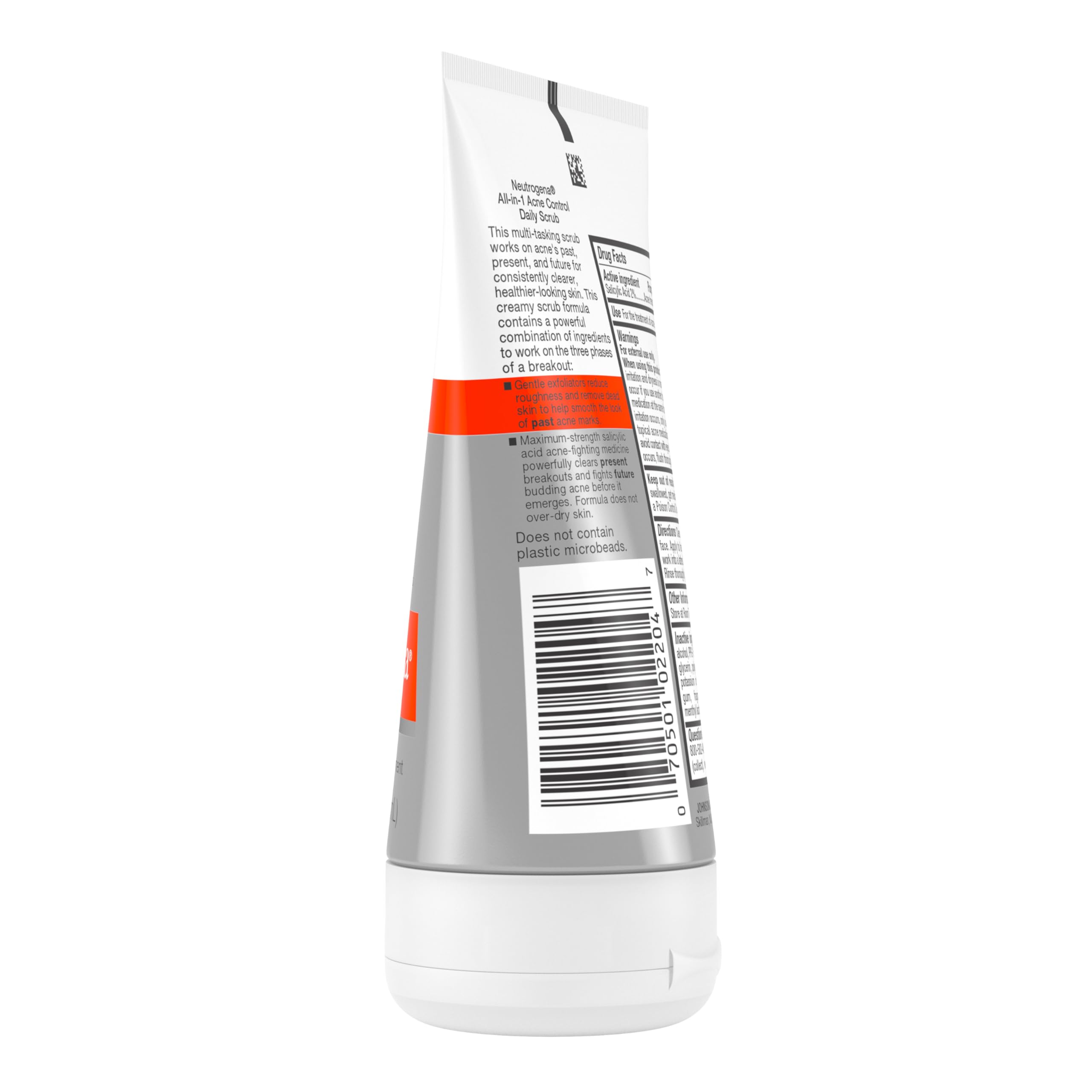 Neutrogena All-In-1 Acne Control Daily Face Scrub in 3 bottles, exfoliating skin and fighting acne.
