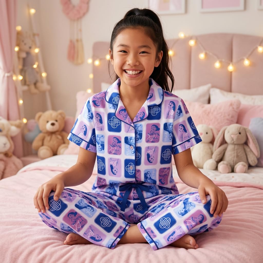 Komar Kids KPop Demon Hunters Girls Pajama Set - Kids 2 Piece Button Down Short Sleeve & Pants PJs - Soft Sleepwear - Of