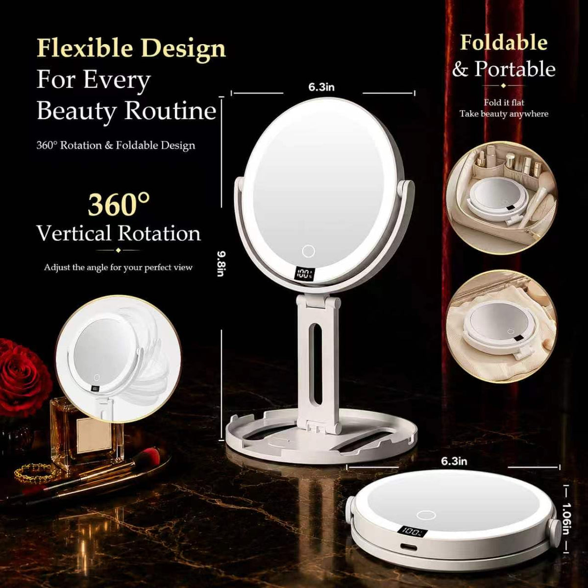 Velmelle Travel Makeup Mirror with Lights, 1X/30X Double-Sided Magnifying Mirror
